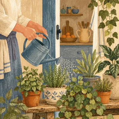 Morning Watering in a Cozy Home Garden