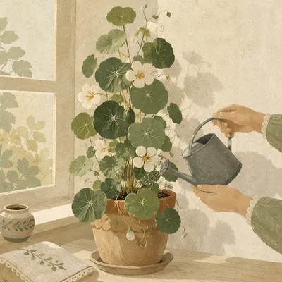 Watering Houseplant on Bright Kitchen Windowsill