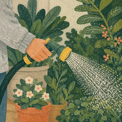 Hand Watering Plants in Peaceful Home Garden
