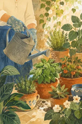 Watering Plants on a Cozy Home Patio