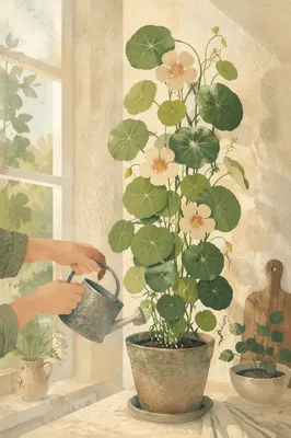 Gentle Watering of Houseplant by Window