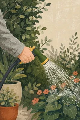 Hand Watering Plants in Peaceful Home Garden