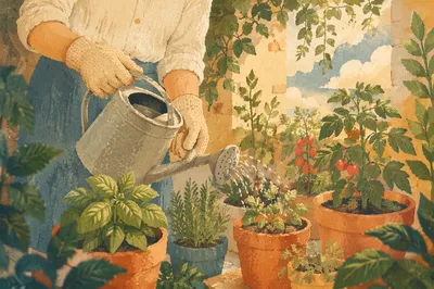 Watering Herbs on a Sunlit Patio