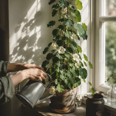 Watering Lush Houseplant on Kitchen Windowsill