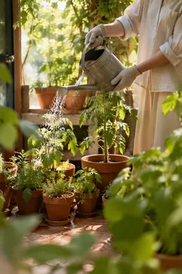 Watering Herbs on a Sunlit Patio