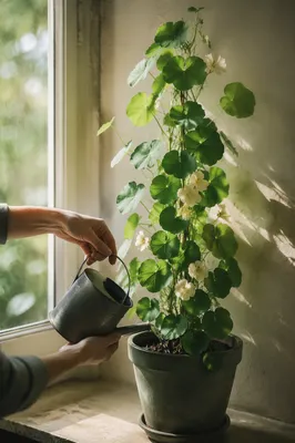 Gentle Watering of Houseplant on Windowsill