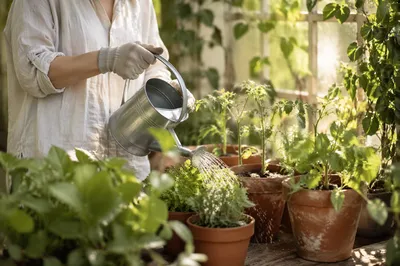 Watering Plants on a Cozy Home Patio