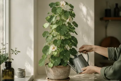 Watering Houseplant on Bright Kitchen Windowsill