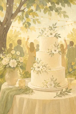 Elegant Three-Tier White Wedding Cake Garden Reception