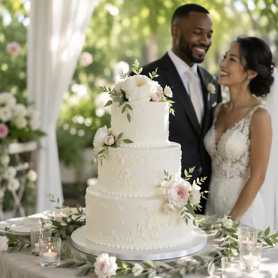Elegant Three-Tier Wedding Cake in Garden
