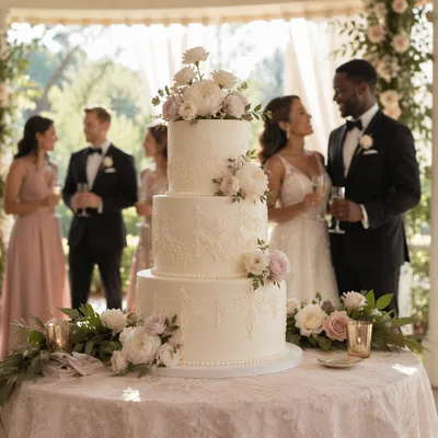 Elegant Three-Tier Wedding Cake in Garden