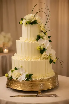Elegant Three-Tier White Wedding Cake Display
