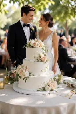 Elegant Three-Tier Wedding Cake in Garden