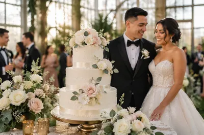 Elegant Three-Tier Wedding Cake in Conservatory