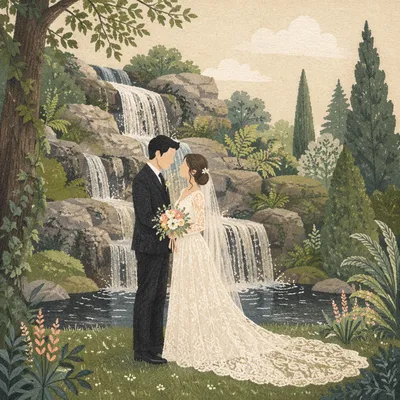 Romantic Garden Wedding Couple by Waterfall