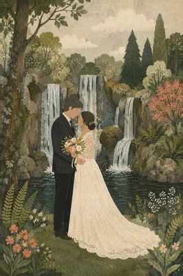 Romantic Garden Wedding Couple by Waterfall