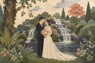 Romantic Garden Wedding Couple by Waterfall