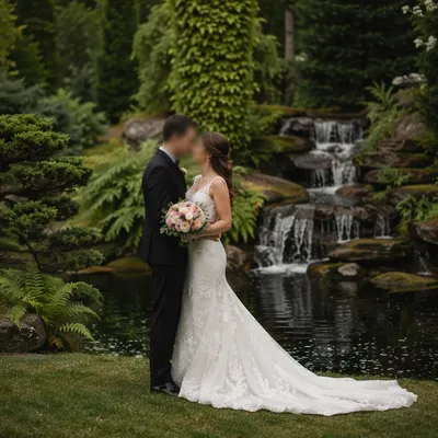 Romantic Garden Wedding Couple by Waterfall