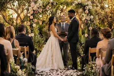Outdoor Garden Wedding Ceremony at Golden Hour