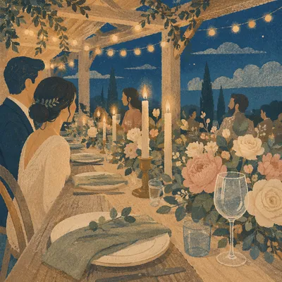 Romantic Wedding Reception Table at Blue Hour