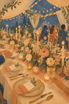 Romantic Wedding Reception Table at Blue Hour