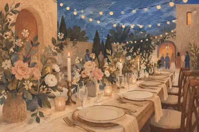 Romantic Wedding Reception Table at Blue Hour