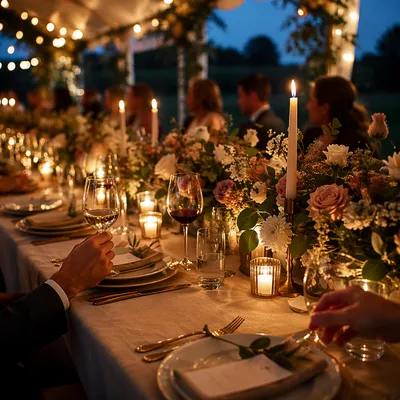 Romantic Wedding Reception Table at Blue Hour