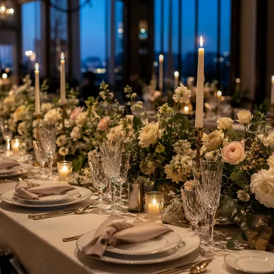 Elegant Wedding Reception Table at Blue Hour