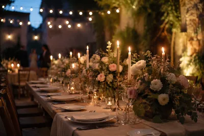 Romantic Wedding Reception Table at Blue Hour