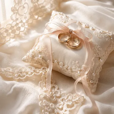 Gold Wedding Rings on Ivory Pillow