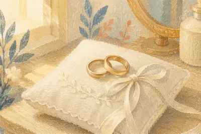 Wedding Rings on White Linen Pillow