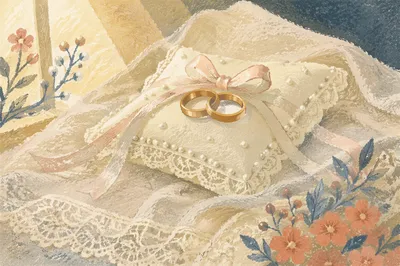 Gold Wedding Rings on Ivory Pillow