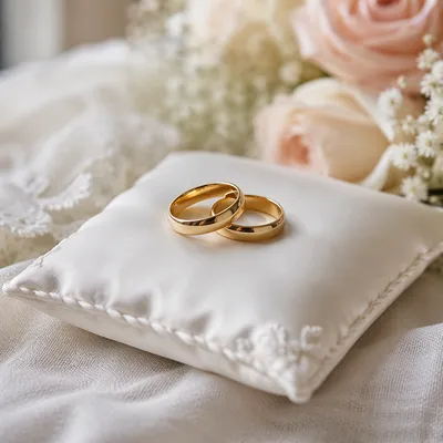 Gold Wedding Rings on White Pillow