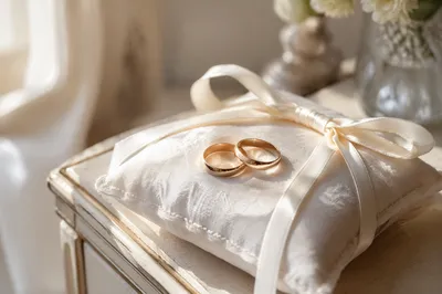 Wedding Rings on White Pillow Close Up