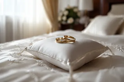 Gold Wedding Rings on White Pillow