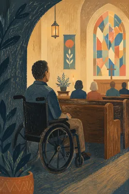 Wheelchair User Beside Church Pews