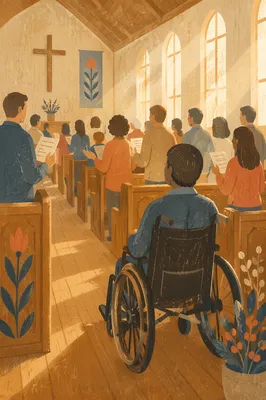 Wheelchair User in Sunlit Chapel Service
