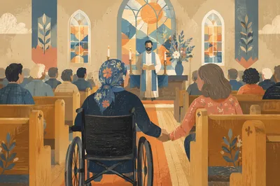 Wheelchair User in Wooden Church Interior