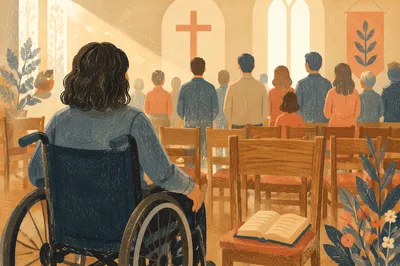 Wheelchair User in Wooden Chapel Interior