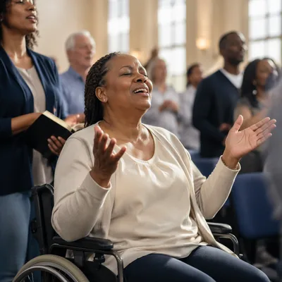 Wheelchair User Singing in Worship Hall