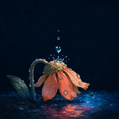 Wilted Flower Reviving With Water Drops