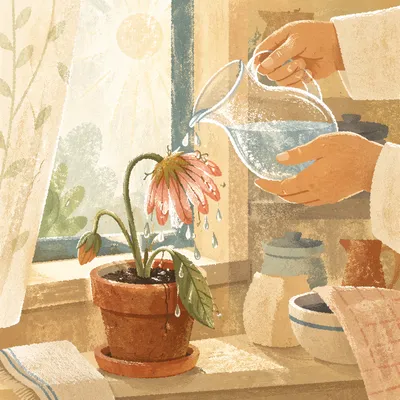 Wilted Flower Reviving on Sunny Windowsill
