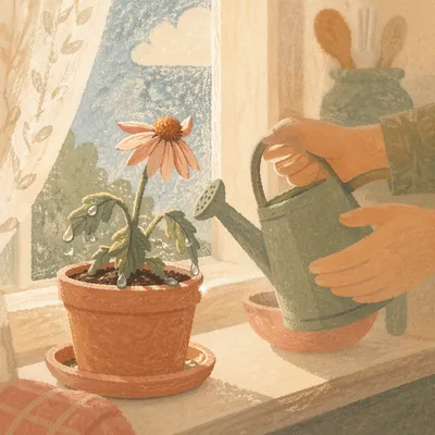 Wilted Flower Reviving on Sunny Windowsill