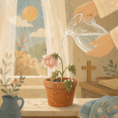 Reviving Flower on Prayerful Morning Windowsill