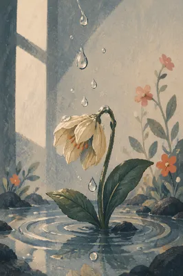 Wilted Flower Revived by Gentle Water Drops