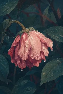 Wilted Pink Flower Reviving After Rain