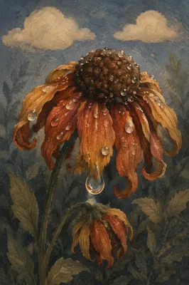 Wilted Flower Reviving With Morning Water Drops