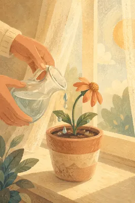 Wilted Flower Reviving on Sunlit Windowsill
