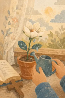 Reviving White Flower on Morning Windowsill