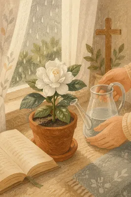 Reviving Gardenia on Rainy Morning Windowsill